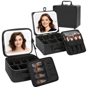 Aluminum Case and Makeup Bag With LED Mirror, Travel Makeup Case with Light up Mirror Large Cosmetic Case with 3 Color Lighted