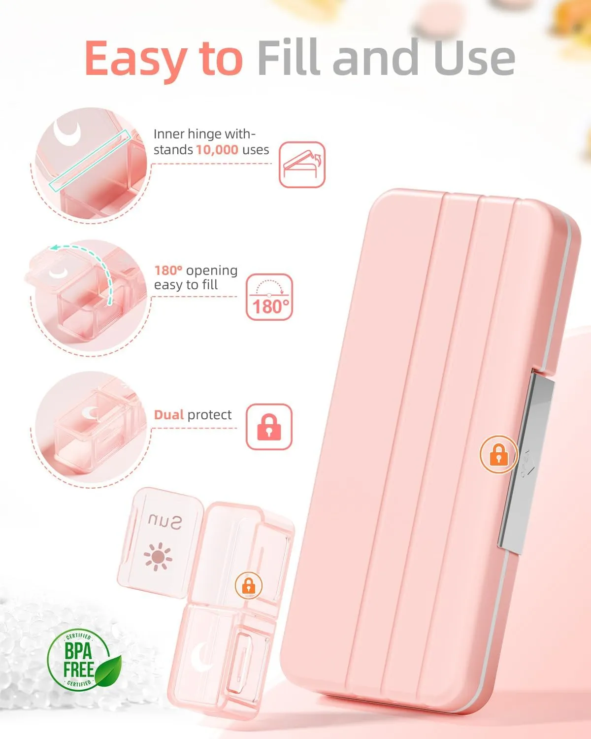 AM PM Pill Organizer 2 Times A Day, 7 Day Pill Box Weekly Pill Organizer Travel with Separate Container, Portable Daily Medicine Planner Dispenser Case for Vitamin, Fish Oils, Supplements（Rose Pink）