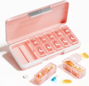 AM PM Pill Organizer 2 Times A Day, 7 Day Pill Box Weekly Pill Organizer Travel with Separate Container, Portable Daily Medicine Planner Dispenser Case for Vitamin, Fish Oils, Supplements（Rose Pink）
