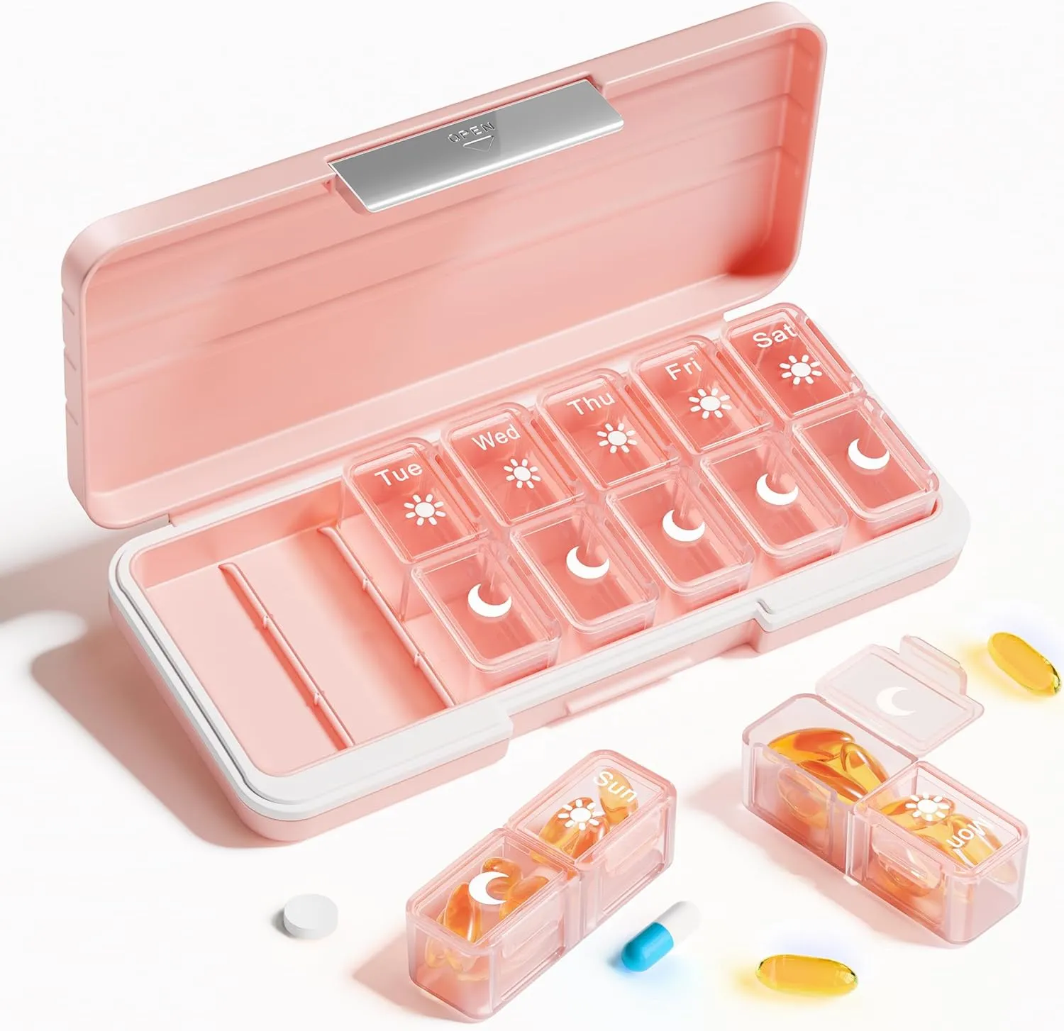 AM PM Pill Organizer 2 Times A Day, 7 Day Pill Box Weekly Pill Organizer Travel with Separate Container, Portable Daily Medicine Planner Dispenser Case for Vitamin, Fish Oils, Supplements（Rose Pink）
