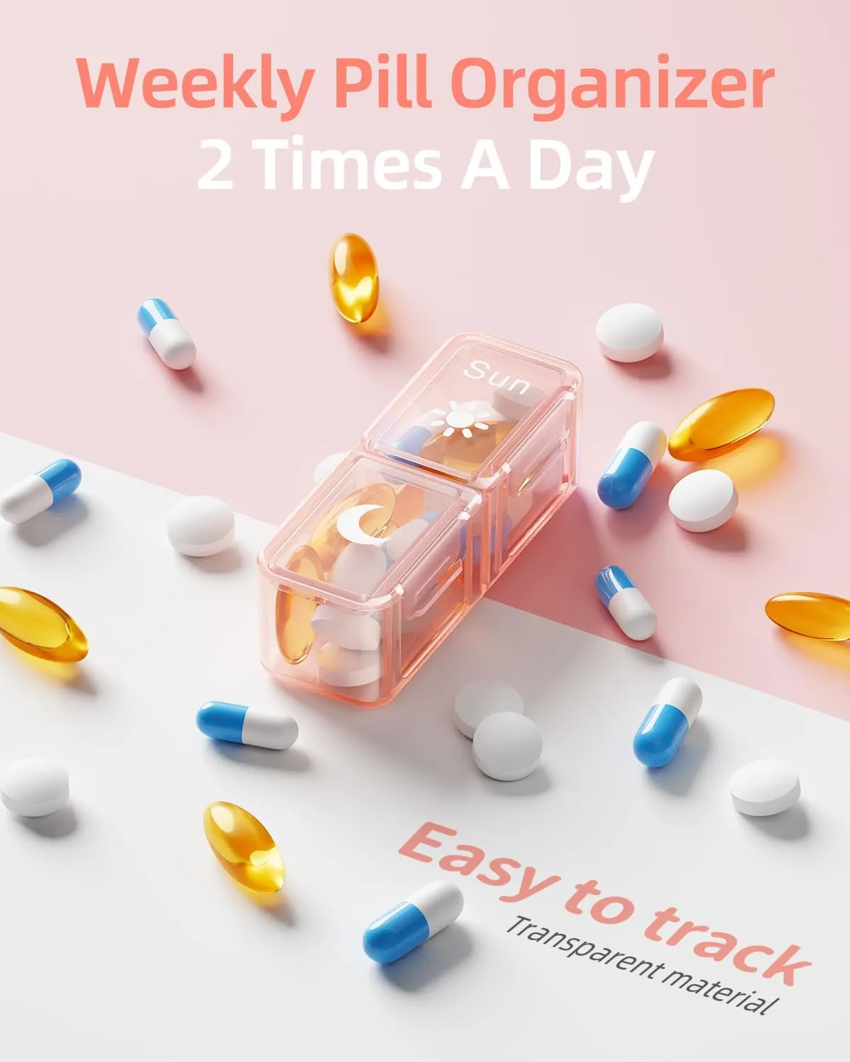 AM PM Pill Organizer 2 Times A Day, 7 Day Pill Box Weekly Pill Organizer Travel with Separate Container, Portable Daily Medicine Planner Dispenser Case for Vitamin, Fish Oils, Supplements（Rose Pink）