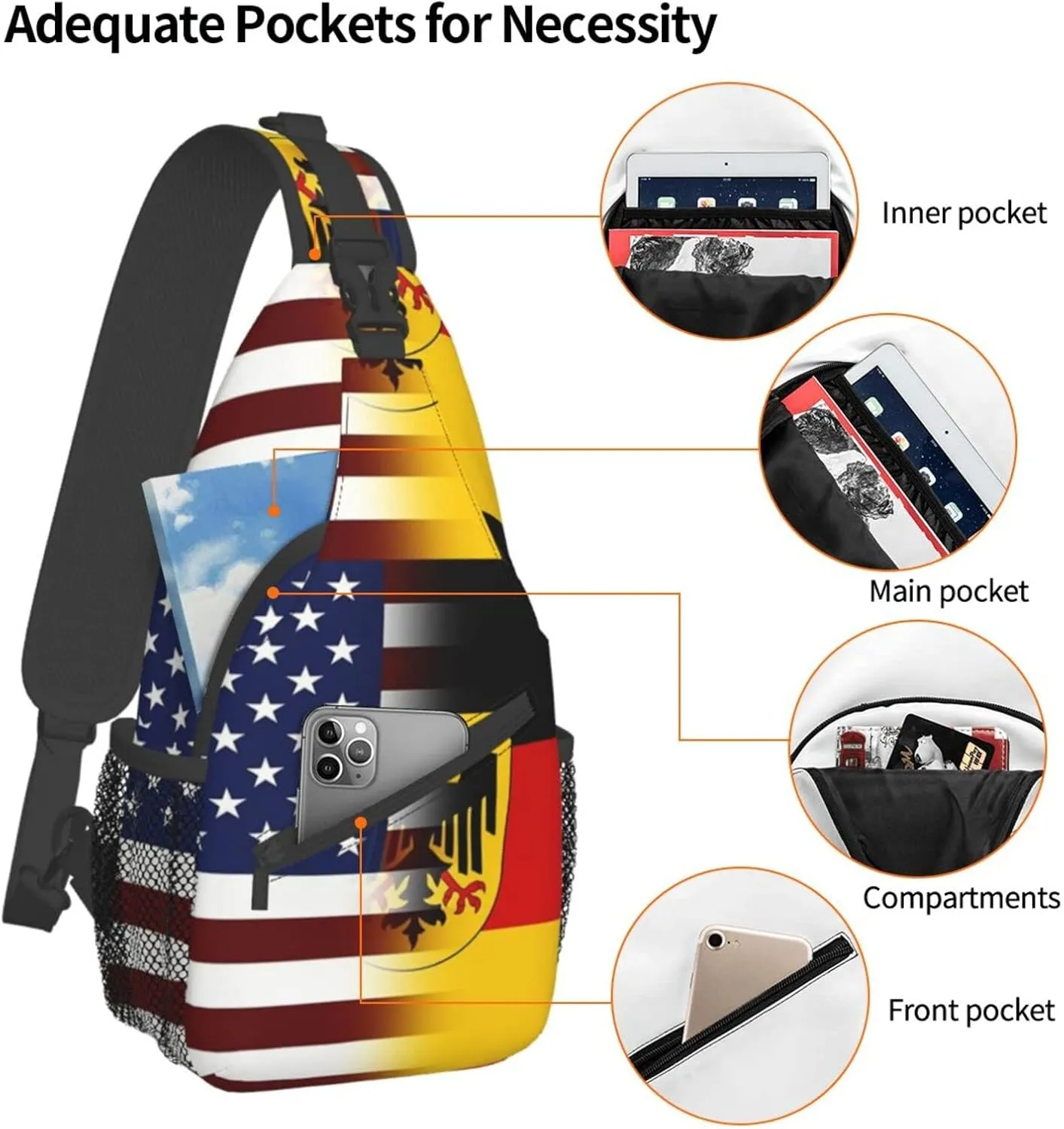 American German Flag Hiking Daypacks Cross-body Sling Backpack for Men Women Outdoor Cycling Hiking Travel