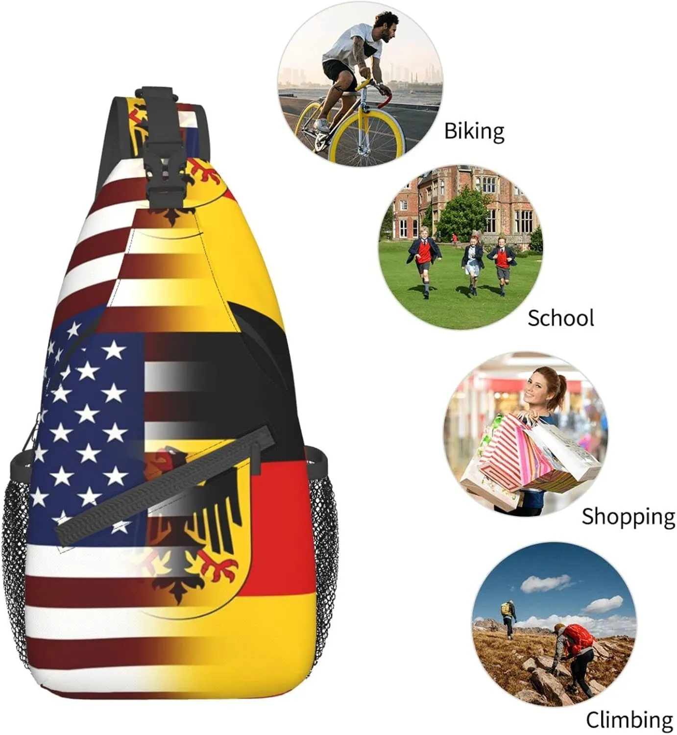 American German Flag Hiking Daypacks Cross-body Sling Backpack for Men Women Outdoor Cycling Hiking Travel