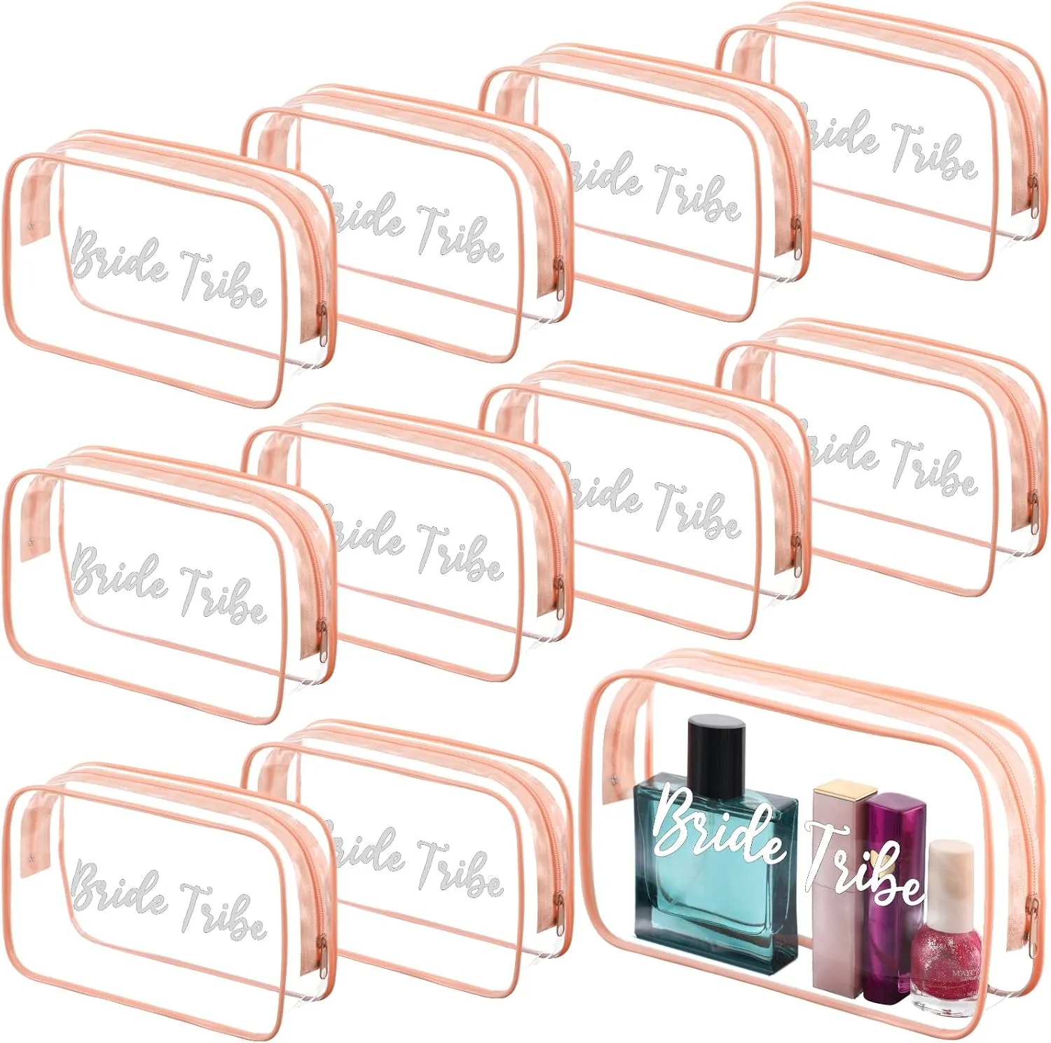 Amylove 10 Pcs Bride Cosmetic Bag Clear Makeup Bags Toiletry Makeup Travel Cosmetic Bag Clear PVC Bags for Wedding Party Bridesmaid Proposal Bridal Gift(Pink)