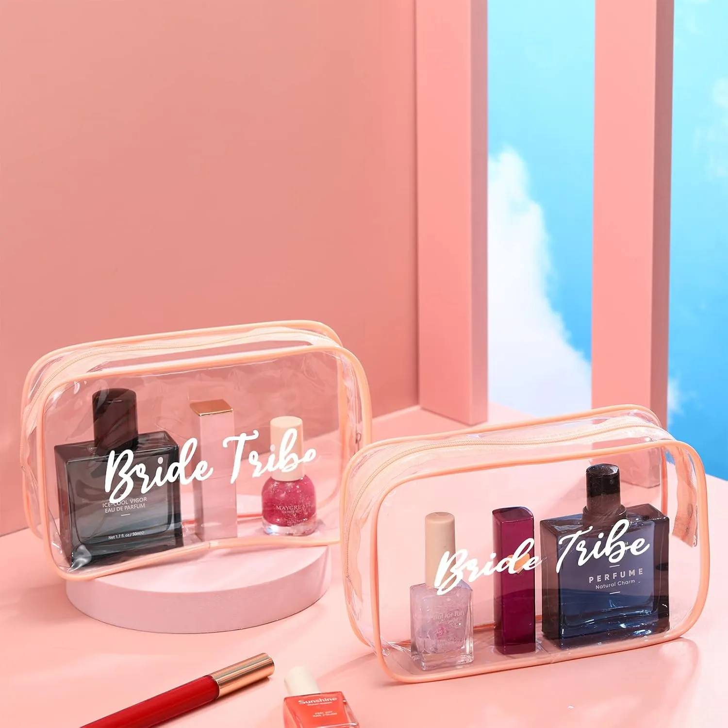 Amylove 10 Pcs Bride Cosmetic Bag Clear Makeup Bags Toiletry Makeup Travel Cosmetic Bag Clear PVC Bags for Wedding Party Bridesmaid Proposal Bridal Gift(Pink)