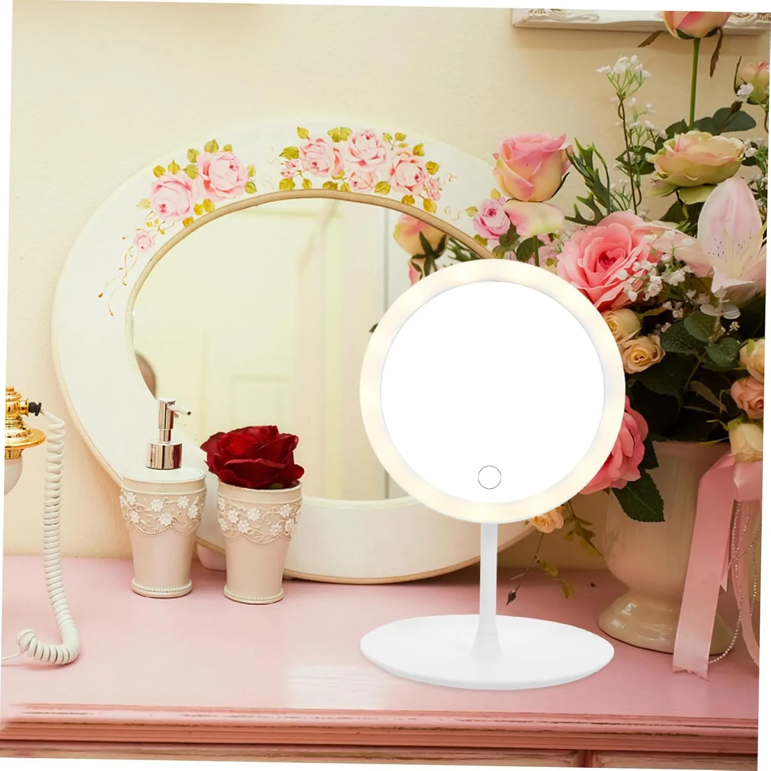 Angoily LED Smart Makeup Mirror 360° Adjustable 1200mAh Battery Non-Slip Base Cosmetics Storage Brightness Control