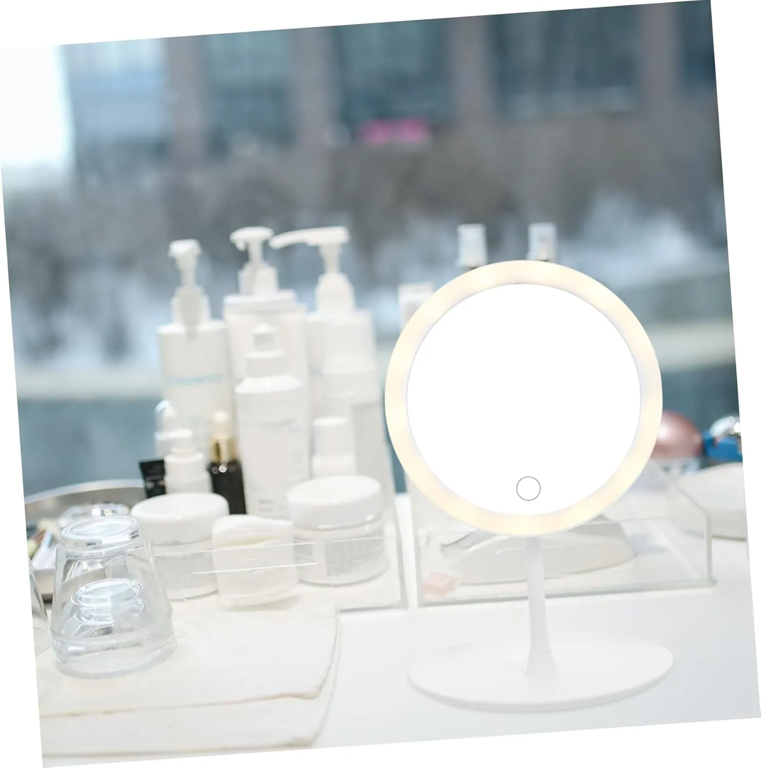 Angoily LED Smart Makeup Mirror 360° Adjustable 1200mAh Battery Non-Slip Base Cosmetics Storage Brightness Control