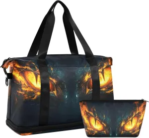 Angry Fire Dragon Eyes Gym Bag for Women Sport Travel Duffel Bag Shoulder Weekender Overnight Bags with Wet Pocket & Shoe Compartment