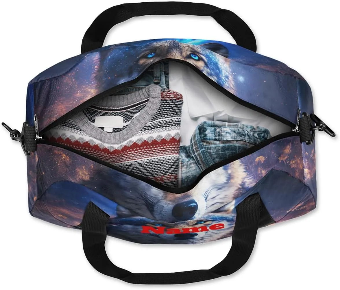 Animal Fire Wolf Starry Sky Custom Name Kids Duffel Bags Personalized Customized Gifts Sports Gym Bag Girls Dance Bag Overnight Weekender Sleepover Carry On Travel Tote Bag for Boys Girls