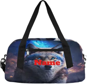 Animal Fire Wolf Starry Sky Custom Name Kids Duffel Bags Personalized Customized Gifts Sports Gym Bag Girls Dance Bag Overnight Weekender Sleepover Carry On Travel Tote Bag for Boys Girls