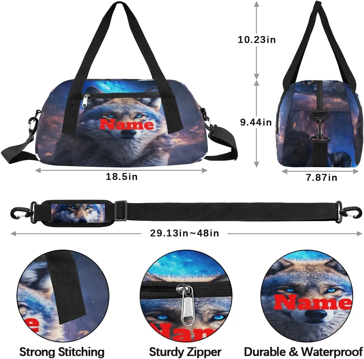 Animal Fire Wolf Starry Sky Custom Name Kids Duffel Bags Personalized Customized Gifts Sports Gym Bag Girls Dance Bag Overnight Weekender Sleepover Carry On Travel Tote Bag for Boys Girls