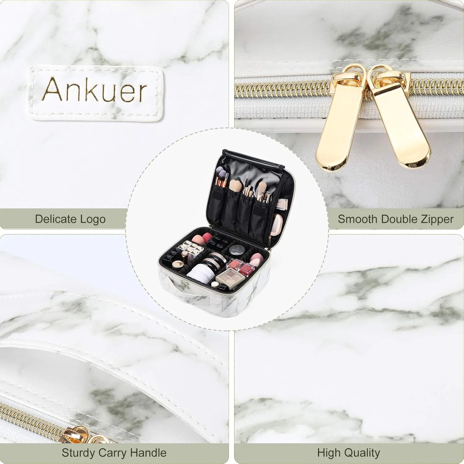 ANKUER Travel Makeup Case: Large Cosmetic Bag with Brush Organizer Portable Makeup Bag for Women and Girls Cosmetic Case with Adjustable Dividers (Marble)