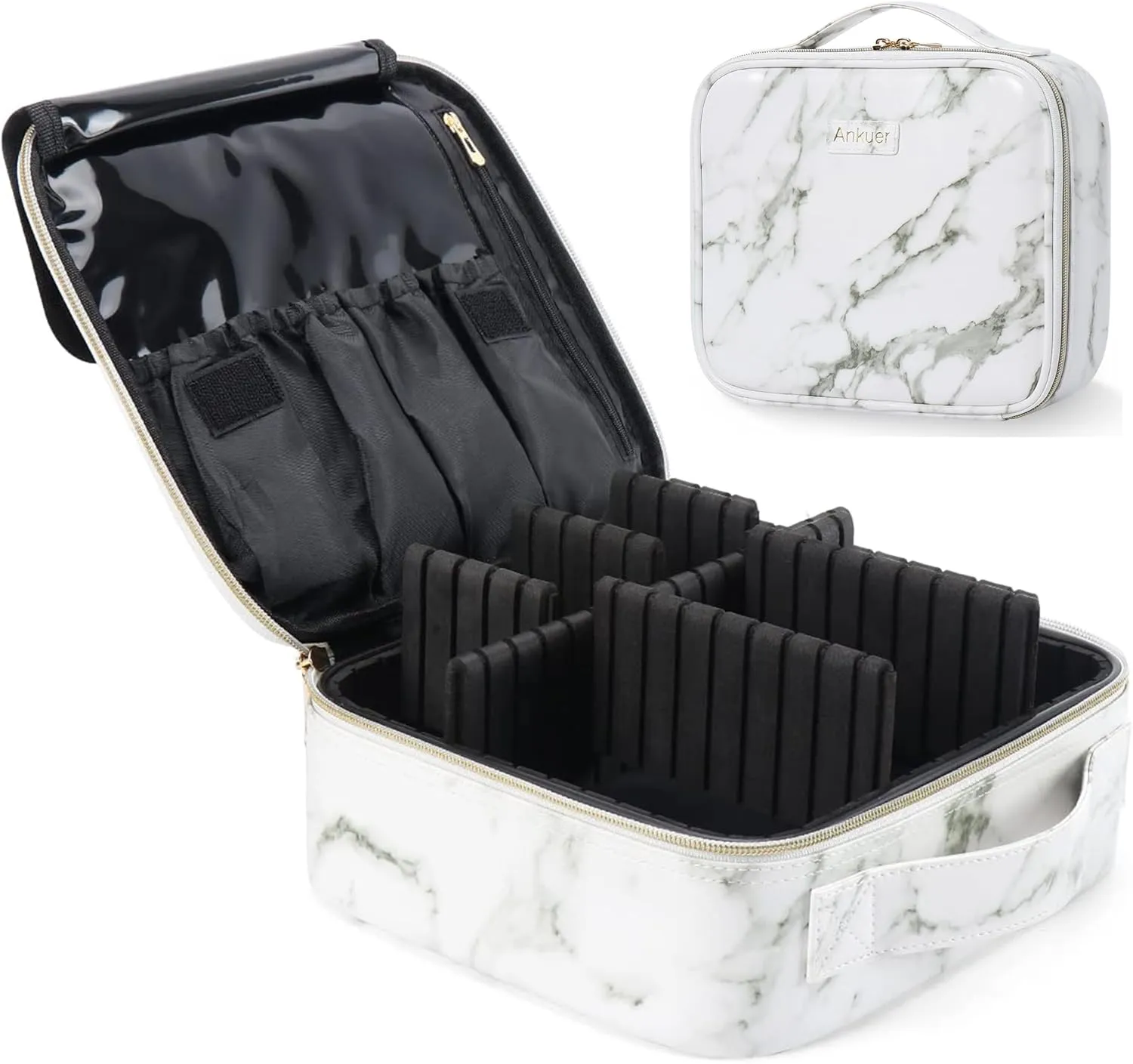 ANKUER Travel Makeup Case: Large Cosmetic Bag with Brush Organizer Portable Makeup Bag for Women and Girls Cosmetic Case with Adjustable Dividers (Marble)
