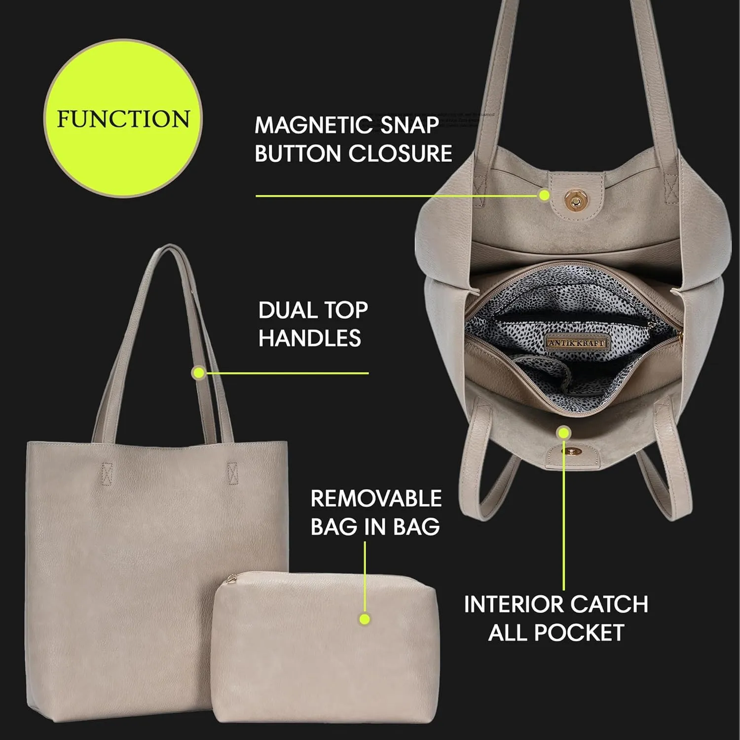 Antik Kraft Olivia Tote | Vegan Leather Tote Bag for Women, Top-Handle Shoulder Bag | 14.5L x 4.5W x 14.5H