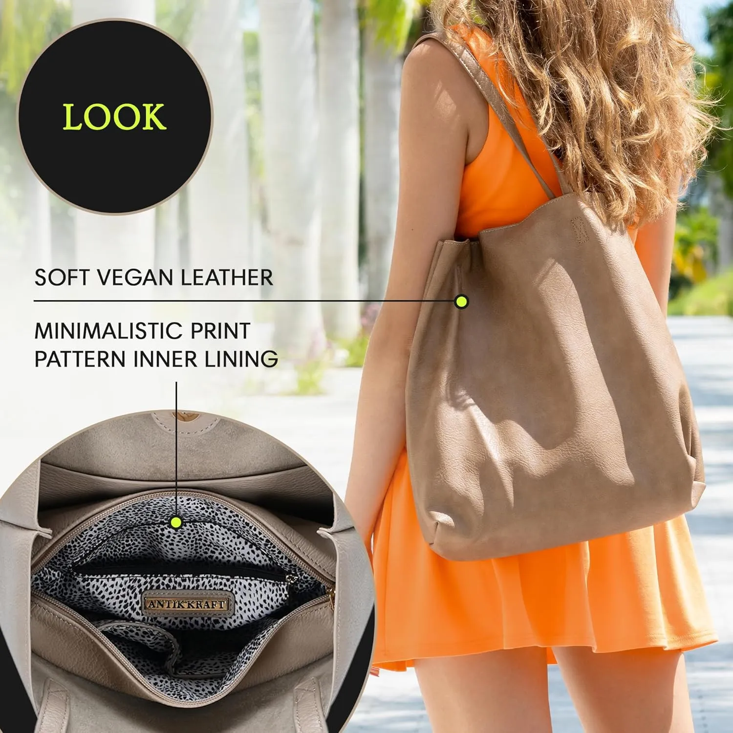 Antik Kraft Olivia Tote | Vegan Leather Tote Bag for Women, Top-Handle Shoulder Bag | 14.5L x 4.5W x 14.5H