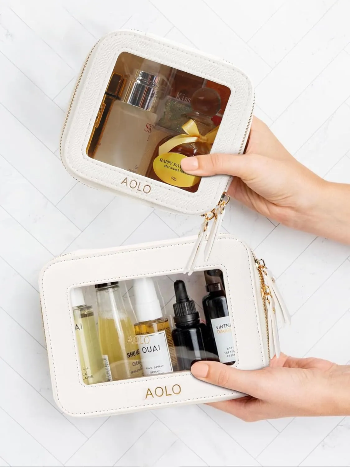 AOLO Travel Makeup Bag for Women - Clear Cosmetic Bags, Carry-on Make up Organizer Pouch with Transparent Windows and Zippers, TSA Approved Cute Cosmetics Case for Women & Girls