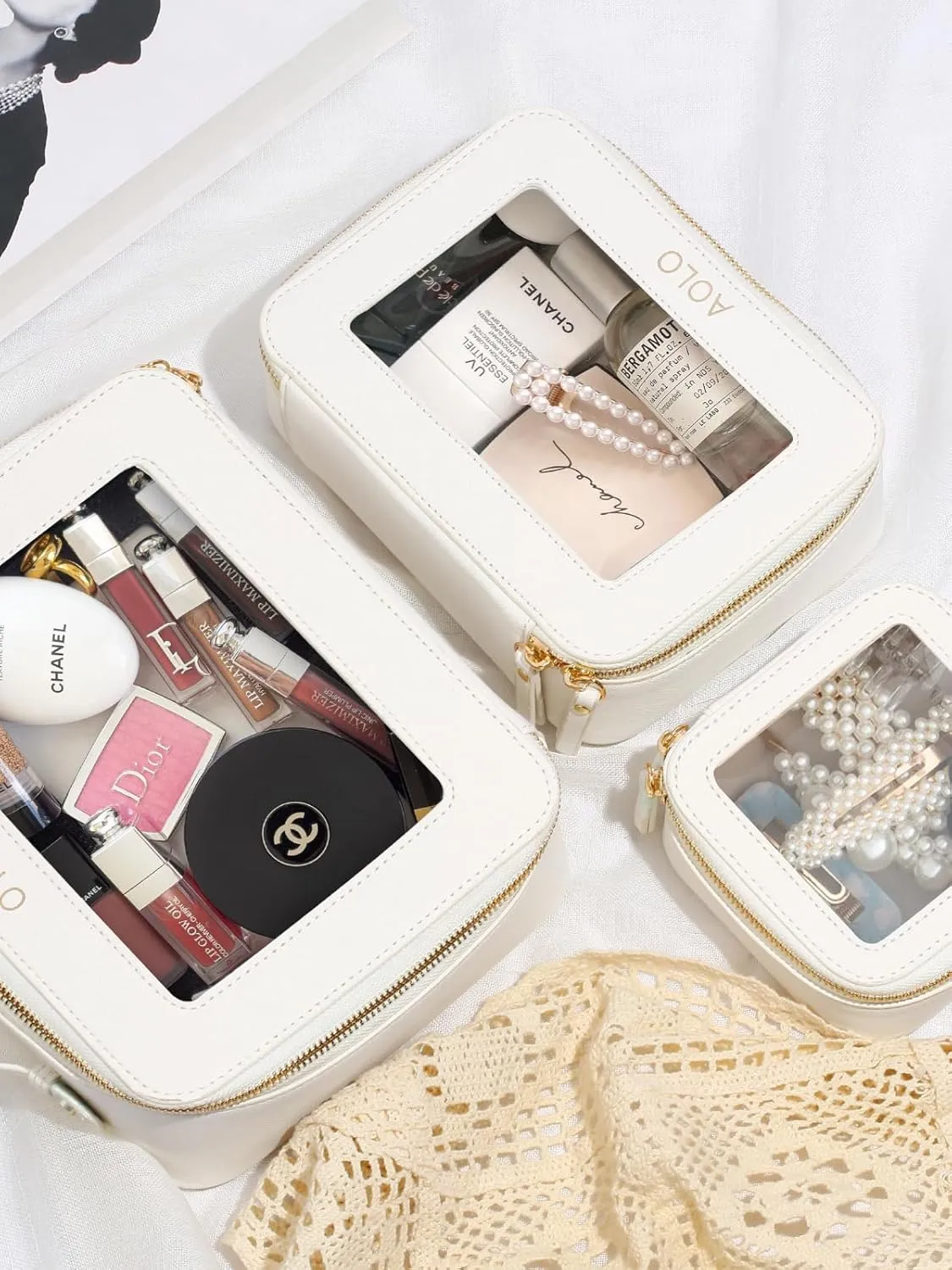 AOLO Travel Makeup Bag for Women - Clear Cosmetic Bags, Carry-on Make up Organizer Pouch with Transparent Windows and Zippers, TSA Approved Cute Cosmetics Case for Women & Girls