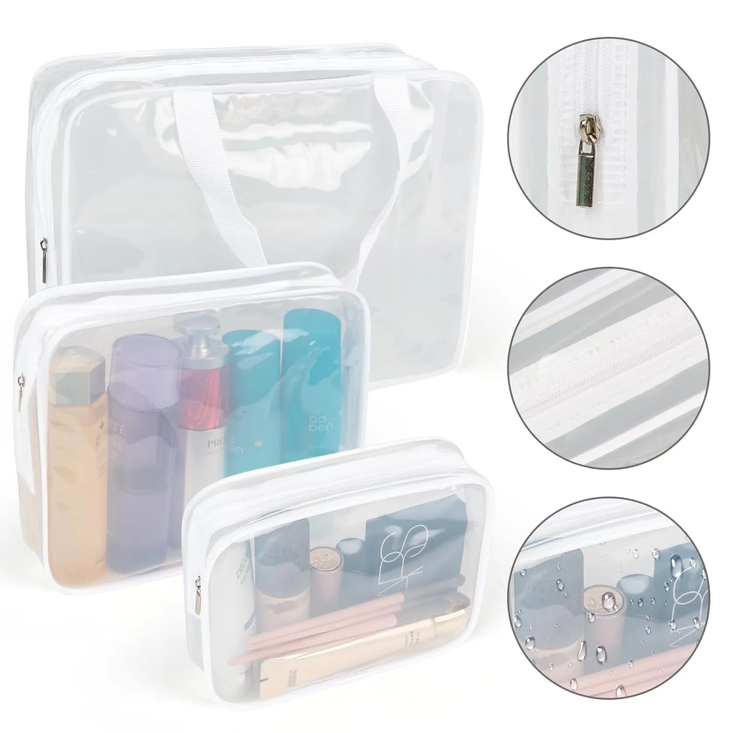 APREUTY Clear Makeup Bags, TSA Approved 6 Pcs Cosmetic Makeup Bags Set Clear PVC with Zipper Handle Portable Travel Luggage Pouch Airport Airline Vacation Organization (Bright White)