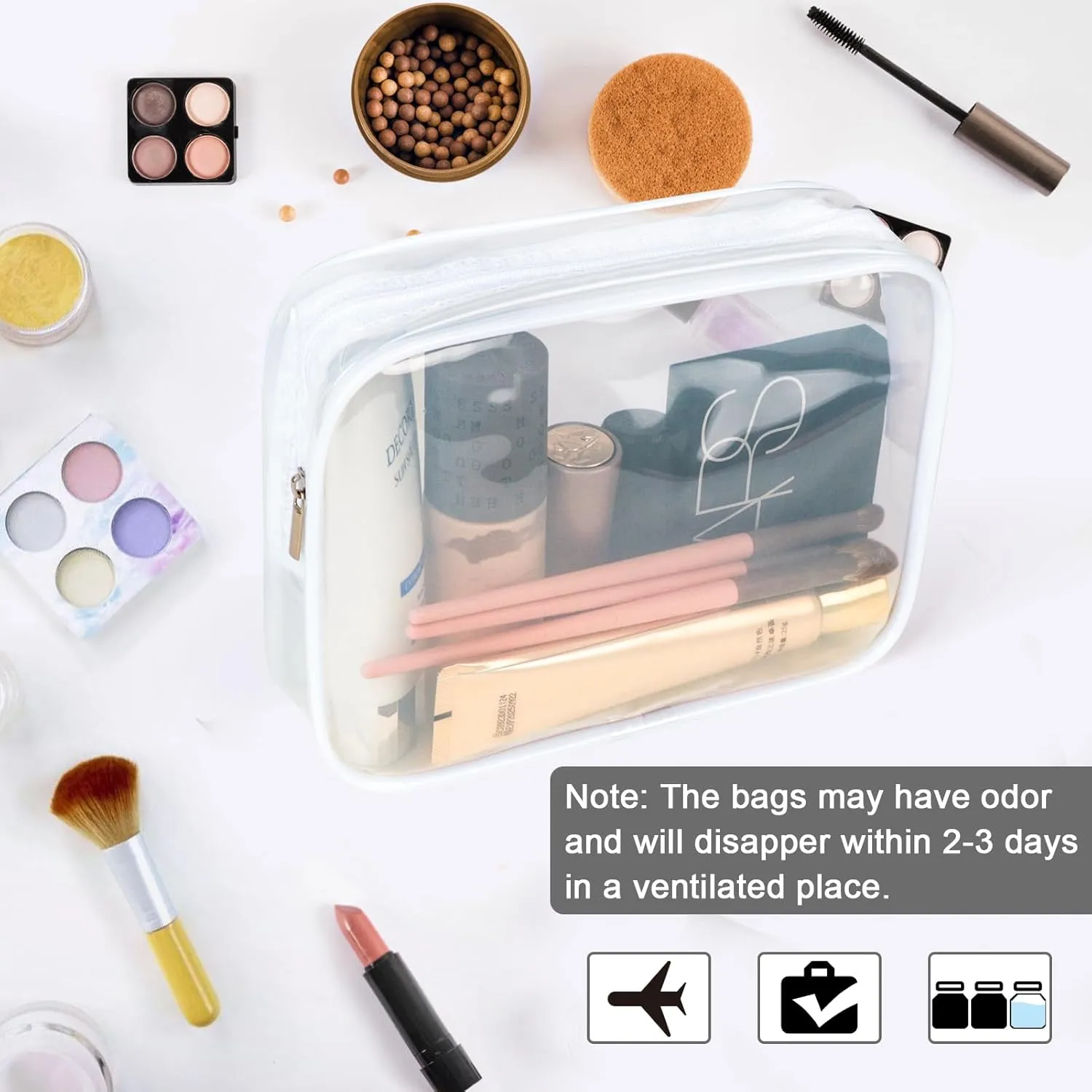 APREUTY Clear Makeup Bags, TSA Approved 6 Pcs Cosmetic Makeup Bags Set Clear PVC with Zipper Handle Portable Travel Luggage Pouch Airport Airline Vacation Organization (Bright White)