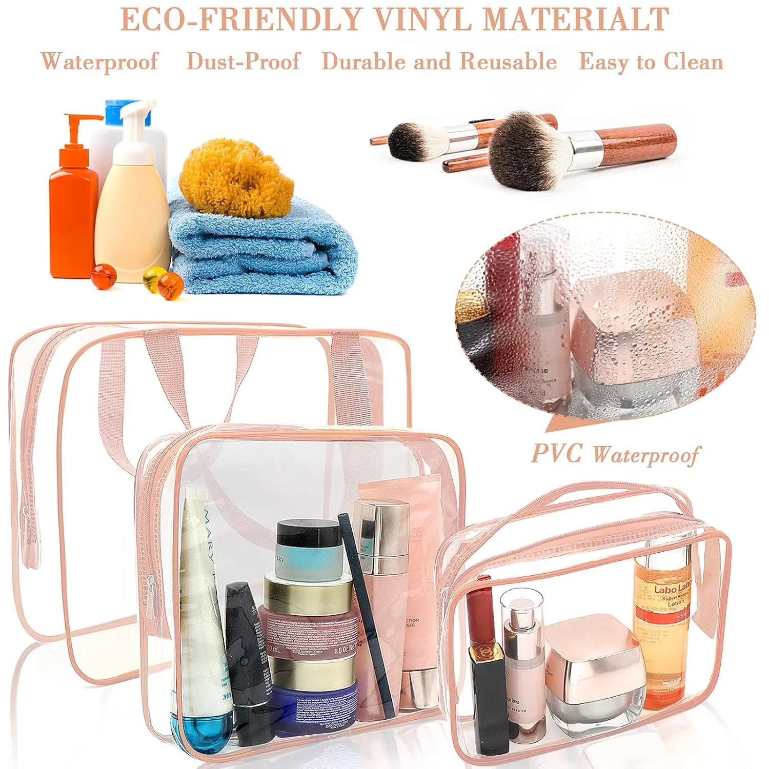 APREUTY Clear Makeup Bags, TSA Approved 6 Pcs Cosmetic Makeup Bags Set Clear PVC with Zipper Handle Portable Travel Luggage Pouch Airport Airline Vacation Organization (Pink)