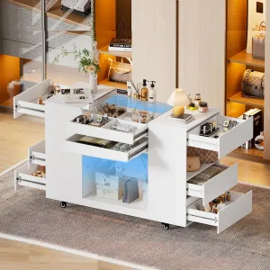 Armoire Bedroom Island, Closet Island with Drawers,Glass Tabletop Display Shelf,8 Drawers&LED Light, Moving Freely Jewelry Storage Organizer for Dressing Room Cloakroom Fitting Room, White