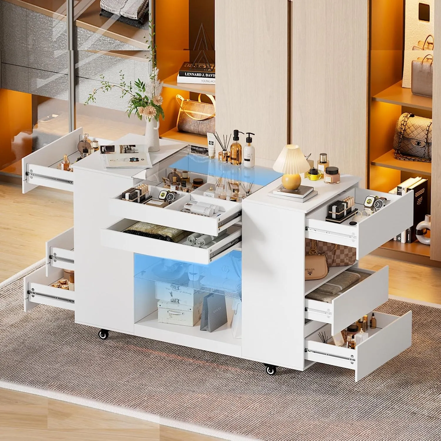 Armoire Bedroom Island, Closet Island with Drawers,Glass Tabletop Display Shelf,8 Drawers&LED Light, Moving Freely Jewelry Storage Organizer for Dressing Room Cloakroom Fitting Room, White