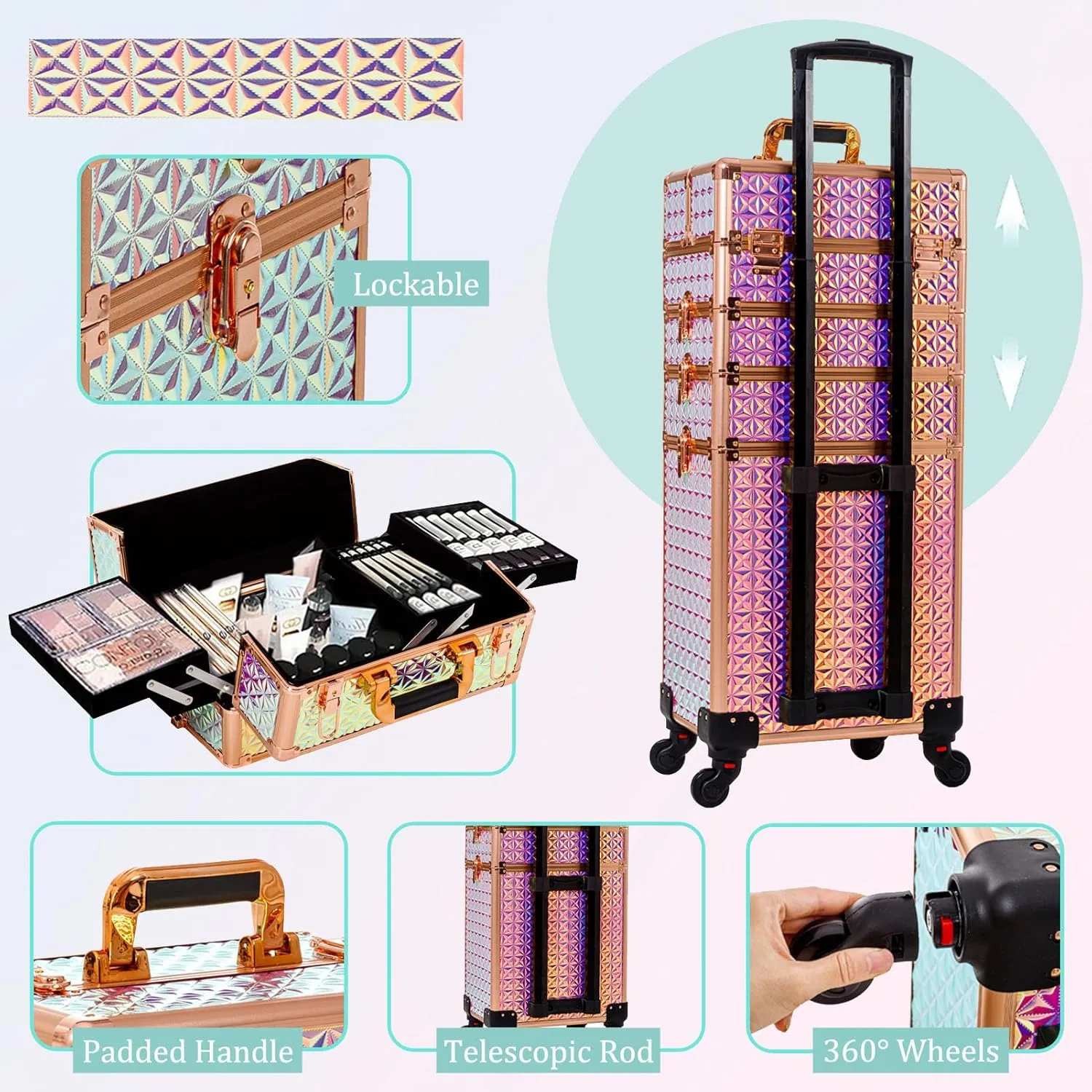 AROUS 5 in 1 Professional Makeup Train Case Aluminum Cosmetic Case Rolling Makeup Case Extra Large Trolley Makeup Travel Organizer, with 360° Swivel Wheels, Colorful