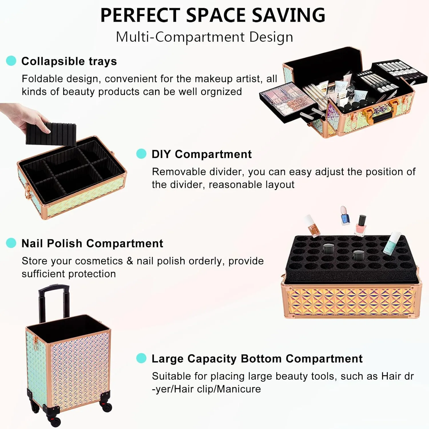 AROUS 5 in 1 Professional Makeup Train Case Aluminum Cosmetic Case Rolling Makeup Case Extra Large Trolley Makeup Travel Organizer, with 360° Swivel Wheels, Colorful