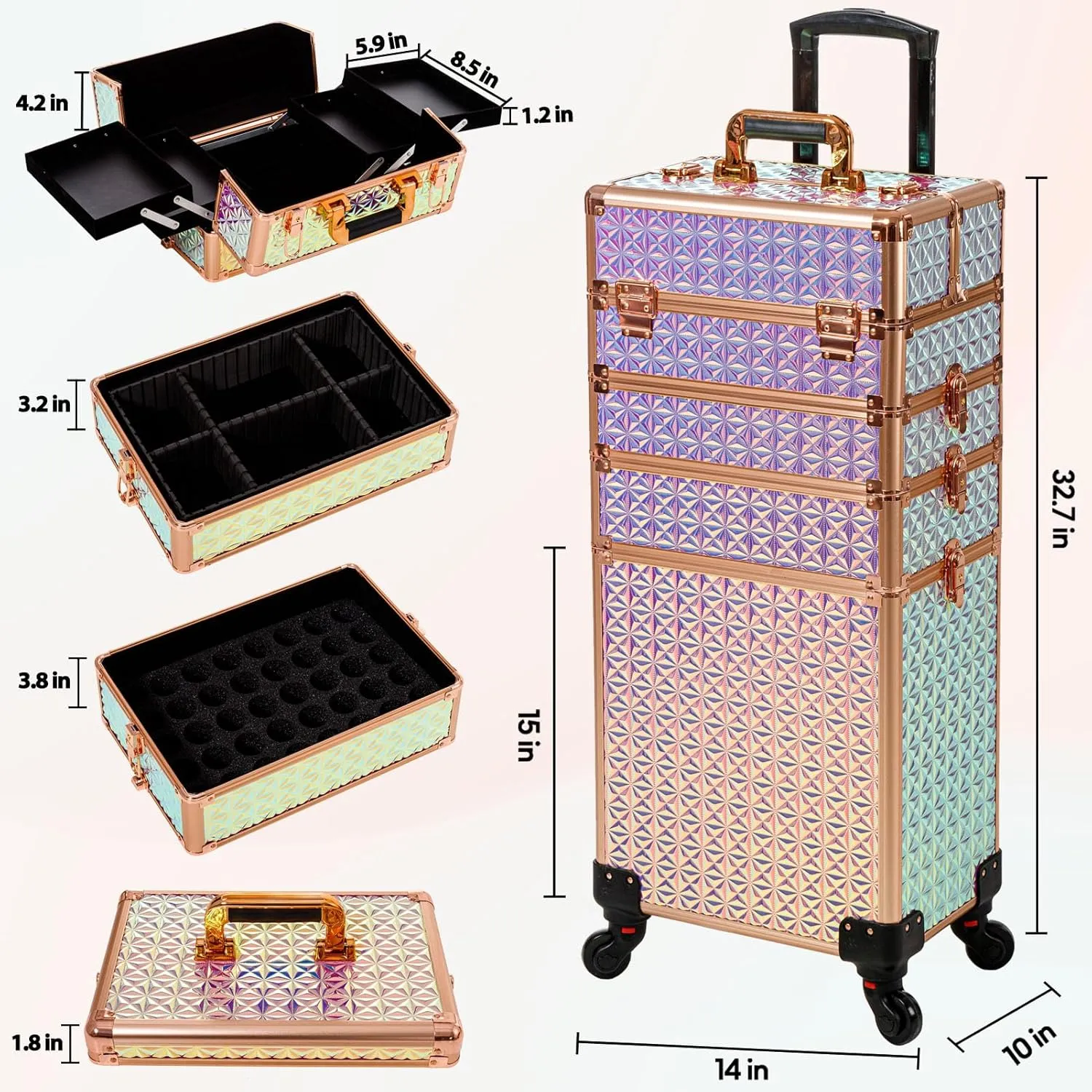 AROUS 5 in 1 Professional Makeup Train Case Aluminum Cosmetic Case Rolling Makeup Case Extra Large Trolley Makeup Travel Organizer, with 360° Swivel Wheels, Colorful