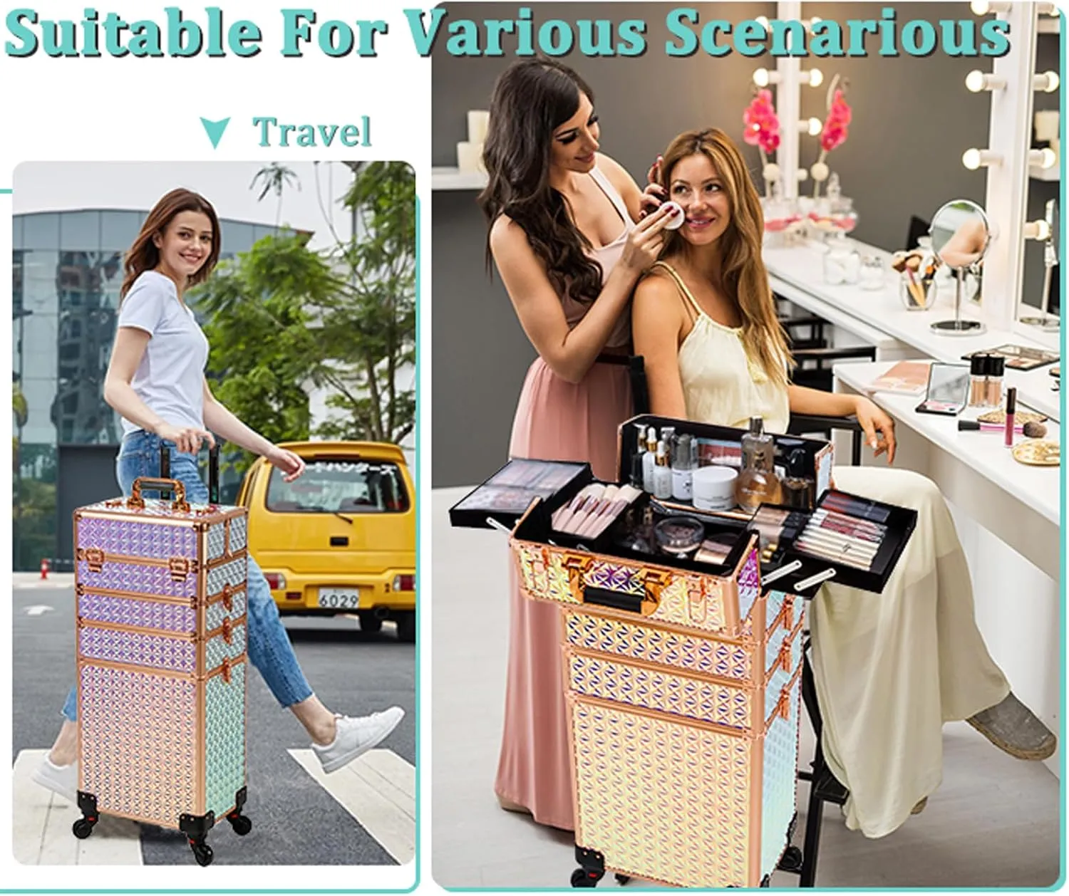 AROUS 5 in 1 Professional Makeup Train Case Aluminum Cosmetic Case Rolling Makeup Case Extra Large Trolley Makeup Travel Organizer, with 360° Swivel Wheels, Colorful
