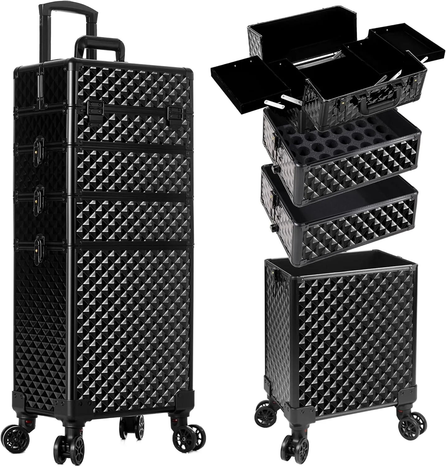 AROUS Rolling Makeup Train Case Large Storage Cosmetic Trolley 4 in 1 Large Capacity Trolley Makeup Travel Case with Key Swivel Wheels Salon Barber Case Traveling Cart Trunk, Black