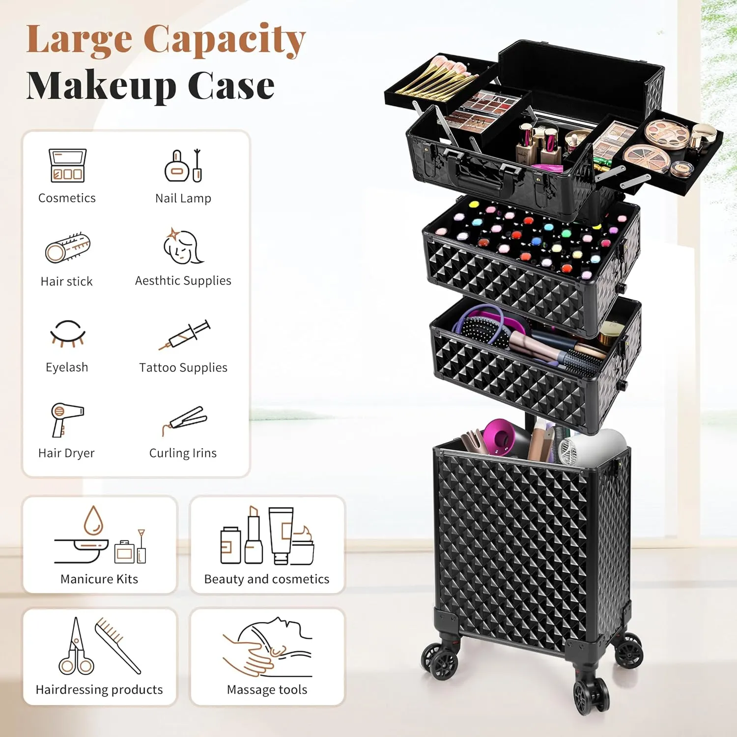 AROUS Rolling Makeup Train Case Large Storage Cosmetic Trolley 4 in 1 Large Capacity Trolley Makeup Travel Case with Key Swivel Wheels Salon Barber Case Traveling Cart Trunk, Black