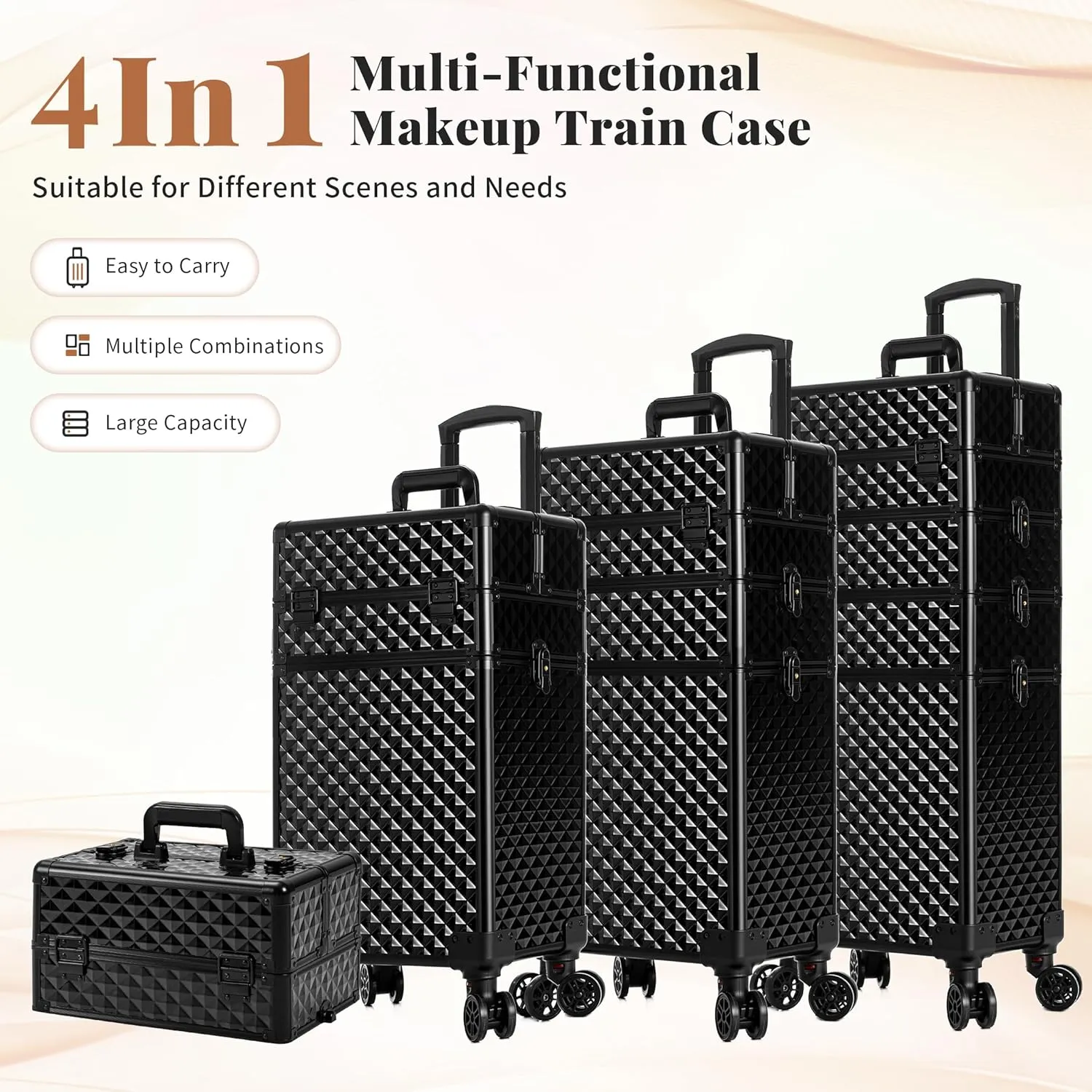 AROUS Rolling Makeup Train Case Large Storage Cosmetic Trolley 4 in 1 Large Capacity Trolley Makeup Travel Case with Key Swivel Wheels Salon Barber Case Traveling Cart Trunk, Black