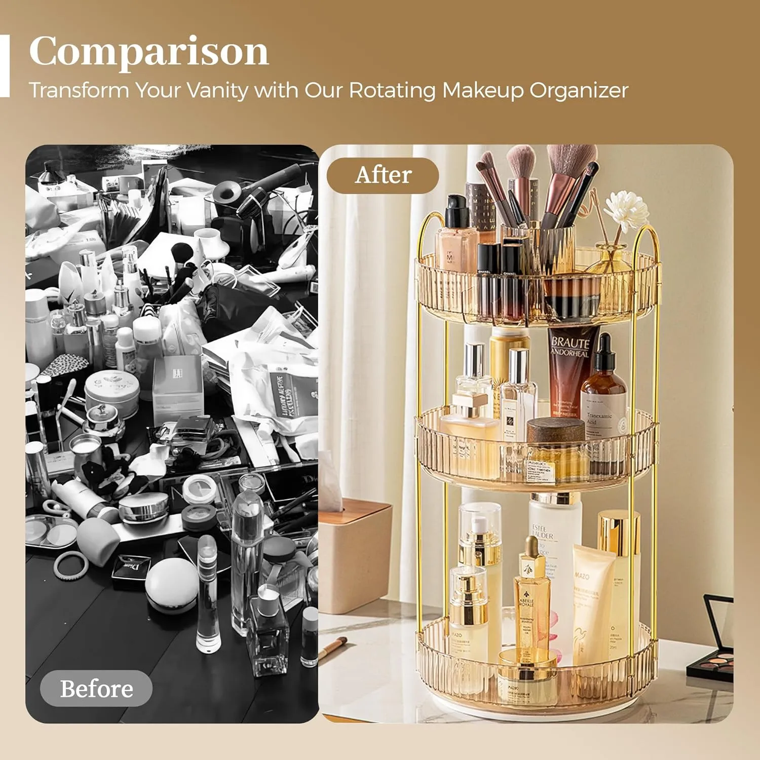 Aveniee 360° Rotating Makeup Organizer for Vanity, Upagraded Perfume Skincare Bathroom Counter Organizers with Brush Divider, 3 Tier Spinning Lipstick Cosmetic Makeup Lotion Storage Organizer(Gold)