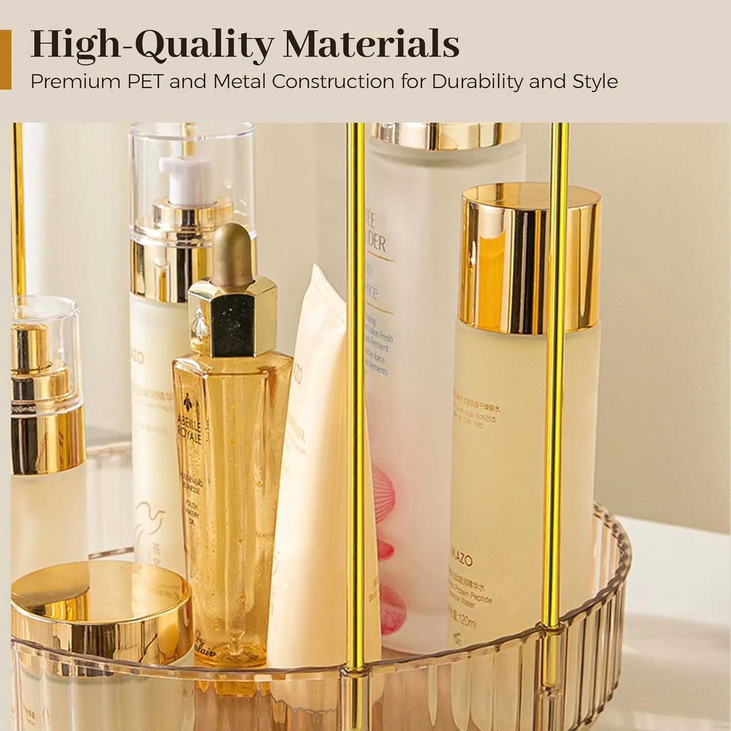 Aveniee 360° Rotating Makeup Organizer for Vanity, Upagraded Perfume Skincare Bathroom Counter Organizers with Brush Divider, 3 Tier Spinning Lipstick Cosmetic Makeup Lotion Storage Organizer(Gold)
