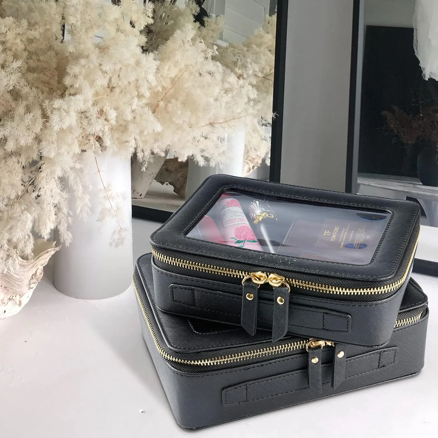 Aveniee Clear Makeup Bag, Portable Travel Toiletry Bag Cosmetic Case for Women, Vegan Leather Make Up Pouch Organizer Car Bag for Essentials 2pcs(Middle & Large) - Black