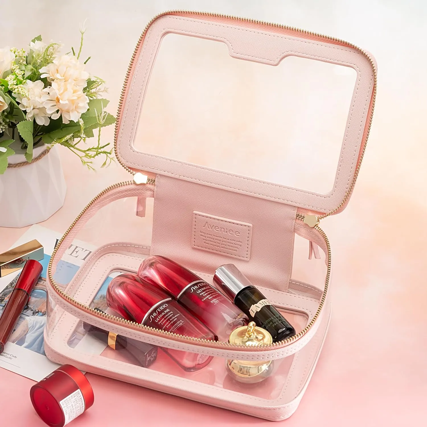 Aveniee Clear Makeup Bag, Travel Toiletry Bag for Women, Large Make up Case Cosmetic Bag with Dual Zipper, Transparent Car Organization Makeup Organizer Pouch for toiletries (Pink)