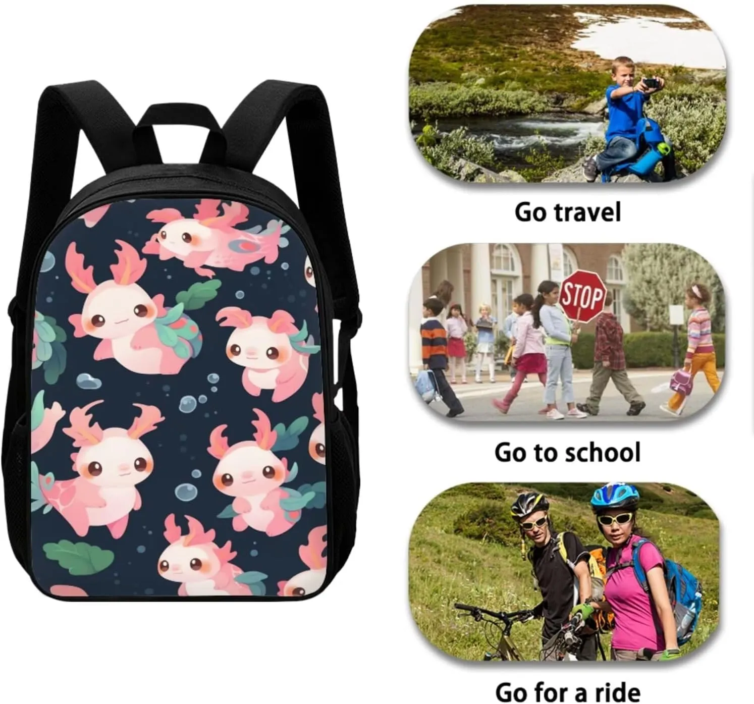 Axolotl Bookbag and Lunch Box Set for Boys Shoulder Bag with Soft Pencil Case Keychain Wristlet Strap Adjustable Strap Bookbag for Girls 4-8 Designed To Be Lightweight and Comfortable