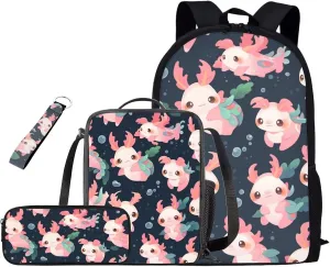 Axolotl Bookbag and Lunch Box Set for Boys Shoulder Bag with Soft Pencil Case Keychain Wristlet Strap Adjustable Strap Bookbag for Girls 4-8 Designed To Be Lightweight and Comfortable