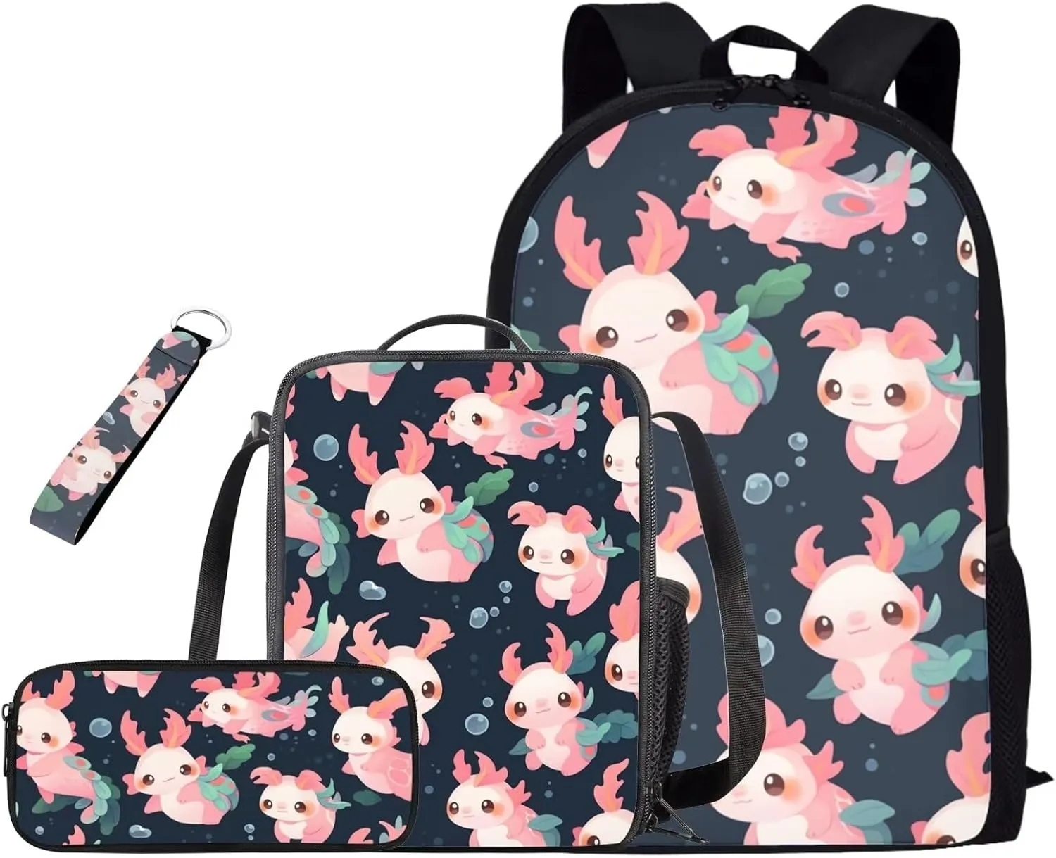 Axolotl Bookbag and Lunch Box Set for Boys Shoulder Bag with Soft Pencil Case Keychain Wristlet Strap Adjustable Strap Bookbag for Girls 4-8 Designed To Be Lightweight and Comfortable