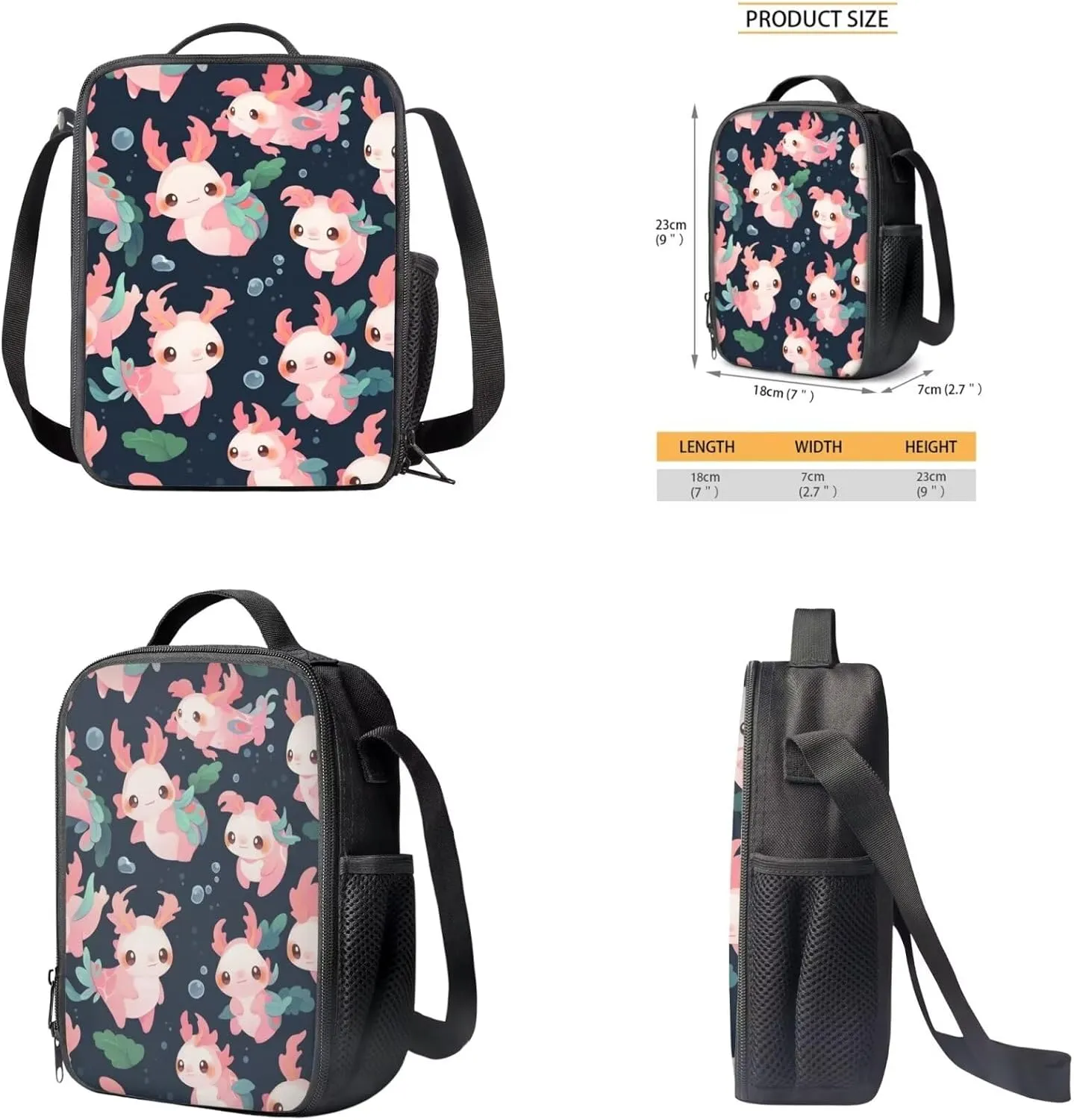 Axolotl Bookbag and Lunch Box Set for Boys Shoulder Bag with Soft Pencil Case Keychain Wristlet Strap Adjustable Strap Bookbag for Girls 4-8 Designed To Be Lightweight and Comfortable