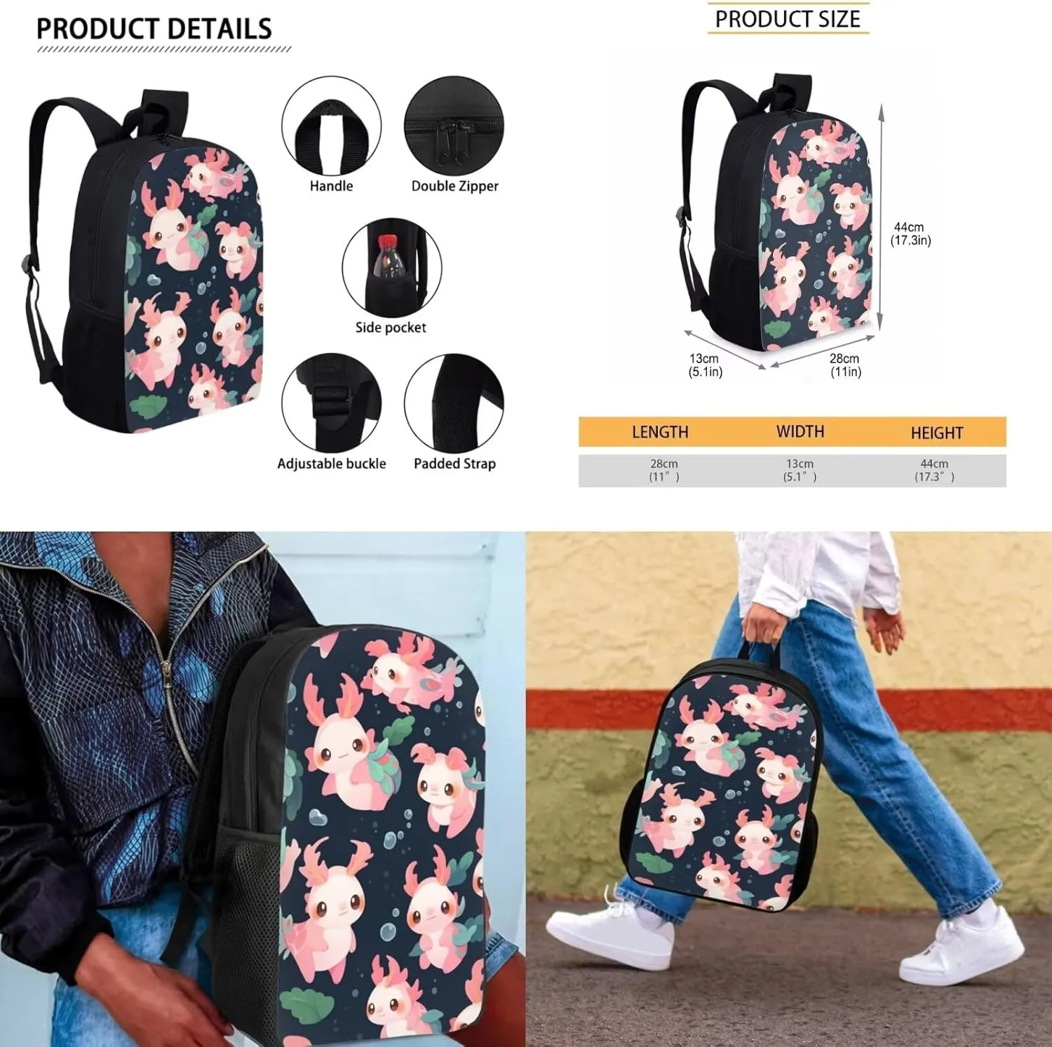 Axolotl Bookbag and Lunch Box Set for Boys Shoulder Bag with Soft Pencil Case Keychain Wristlet Strap Adjustable Strap Bookbag for Girls 4-8 Designed To Be Lightweight and Comfortable