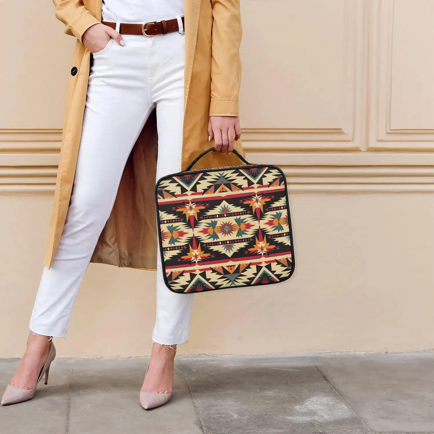 Aztec Travel Makeup Train Case Cosmetic Bag Organizer Portable American Boho Western Storage Bag with Adjustable Dividers for Cosmetics Makeup Brushes Toiletry Jewelry