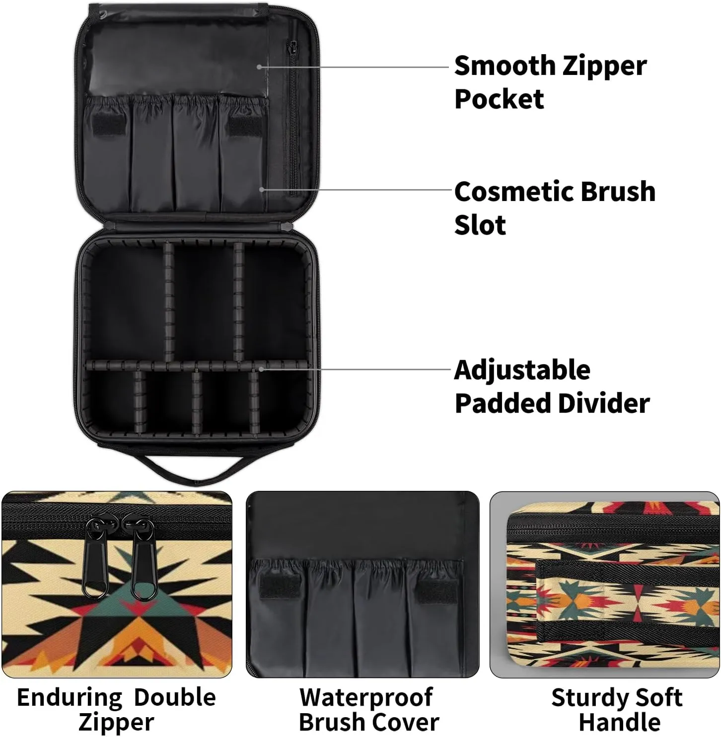 Aztec Travel Makeup Train Case Cosmetic Bag Organizer Portable American Boho Western Storage Bag with Adjustable Dividers for Cosmetics Makeup Brushes Toiletry Jewelry