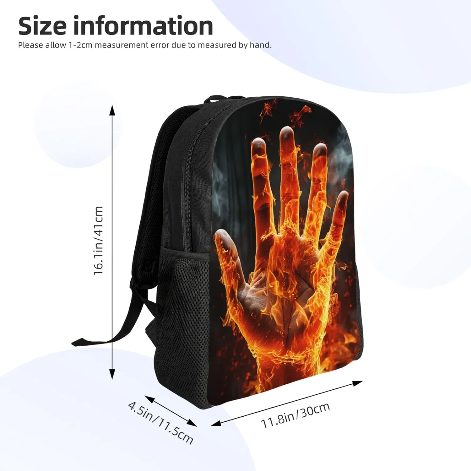 Backpack for Men Women 16.1 Inch Laptop Backpack Fire Flame Hand Daypack Laptop Bag for Travel