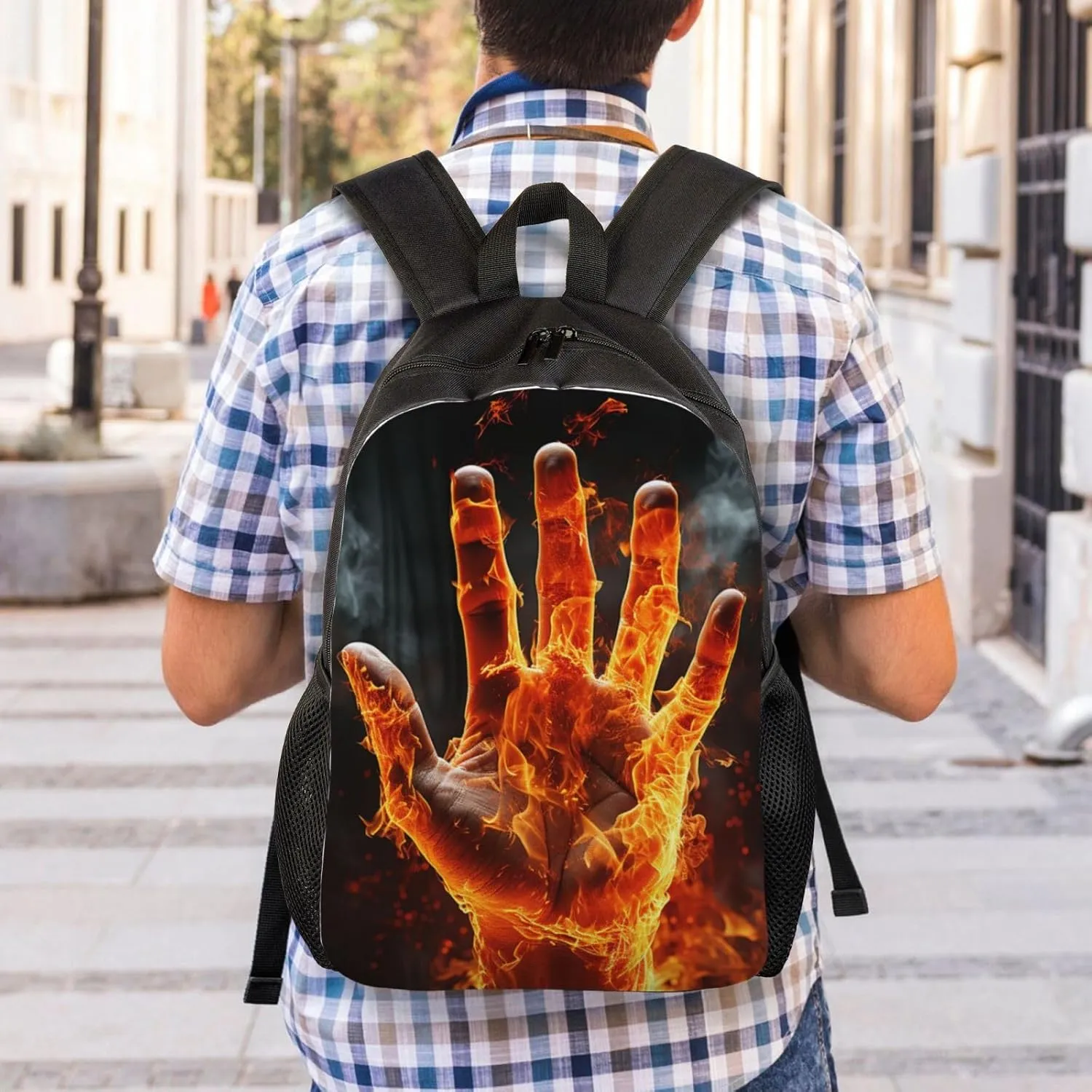 Backpack for Men Women 16.1 Inch Laptop Backpack Fire Flame Hand Daypack Laptop Bag for Travel