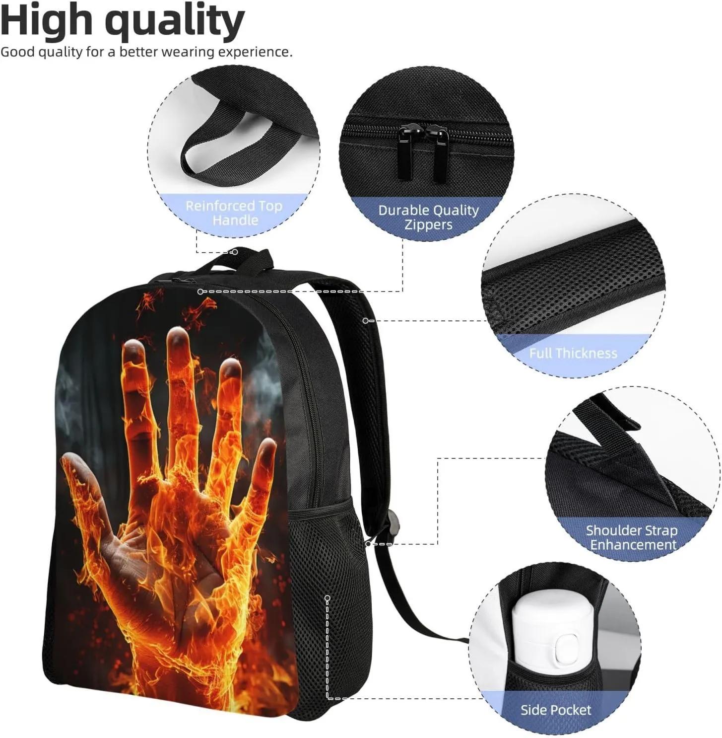 Backpack for Men Women 16.1 Inch Laptop Backpack Fire Flame Hand Daypack Laptop Bag for Travel