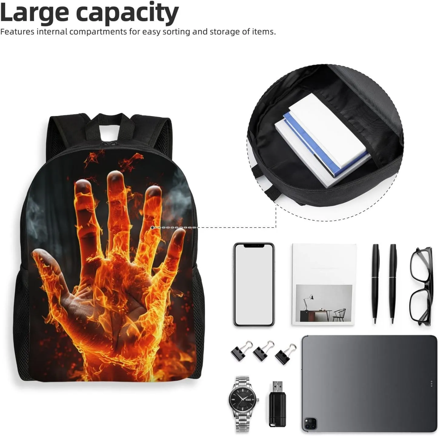 Backpack for Men Women 16.1 Inch Laptop Backpack Fire Flame Hand Daypack Laptop Bag for Travel