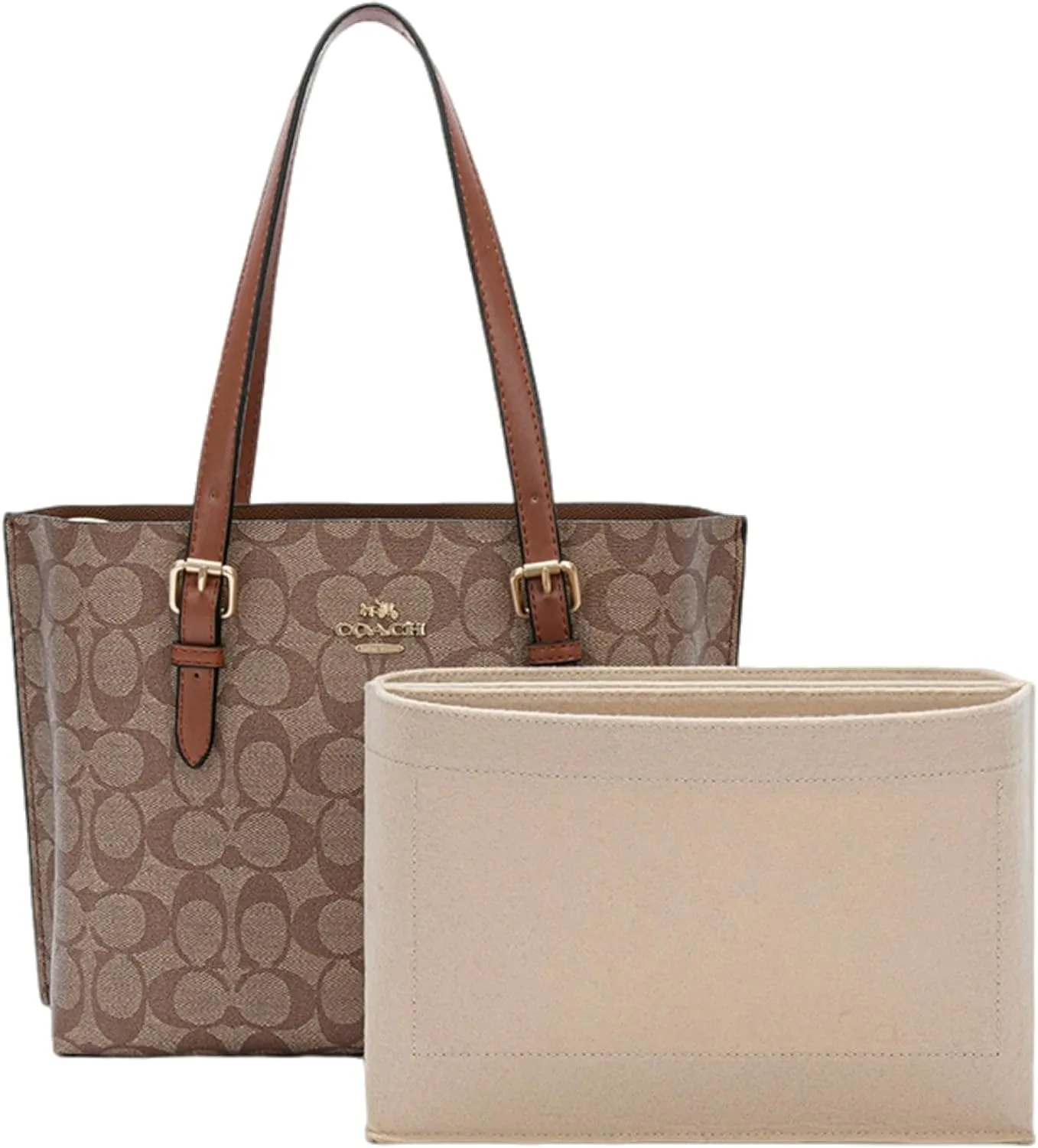 Bag Organizer for Coach Mollie Tote (Set of 2)|Handmade Custom Bag Insert|2mm Felt Bag Liner|Women Handbag Shaper (Brown, Large: 34L x 28H x 13Dcm)