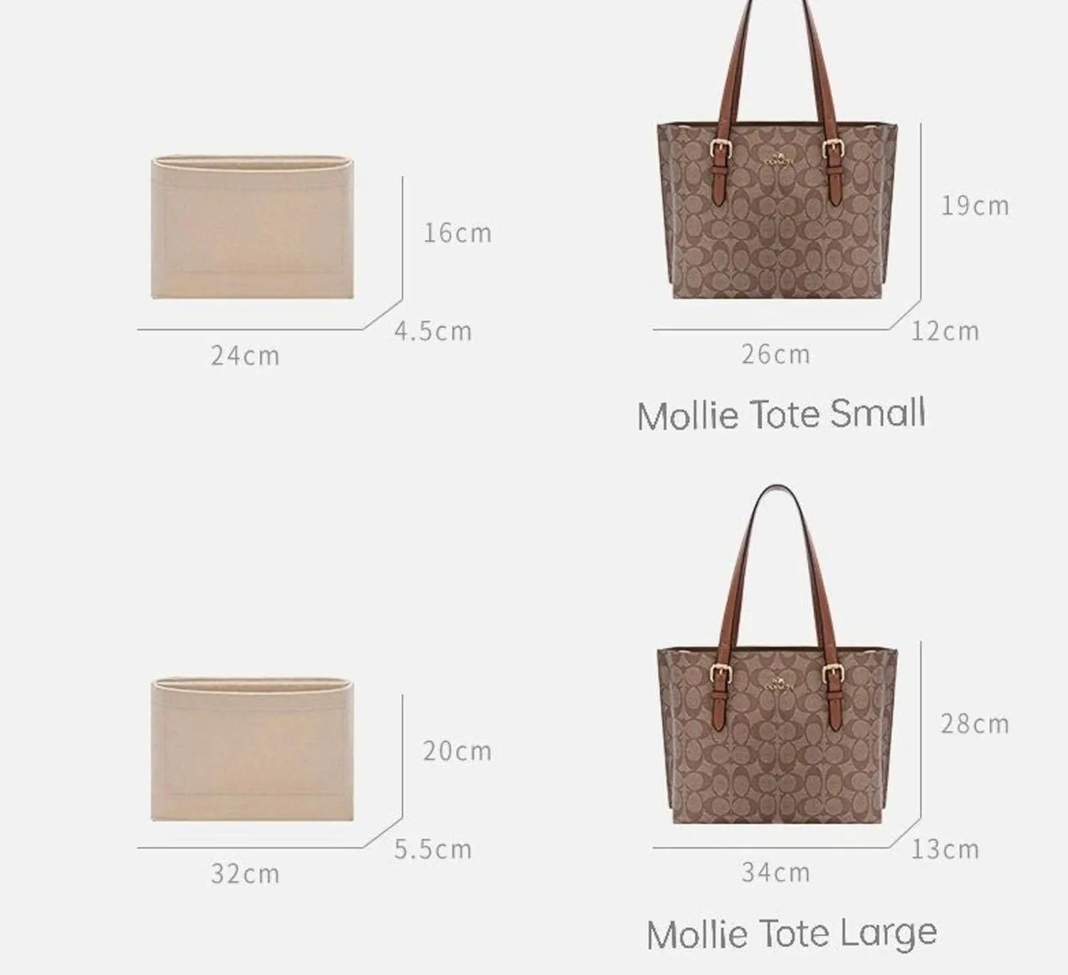 Bag Organizer for Coach Mollie Tote (Set of 2)|Handmade Custom Bag Insert|2mm Felt Bag Liner|Women Handbag Shaper (Brown, Large: 34L x 28H x 13Dcm)